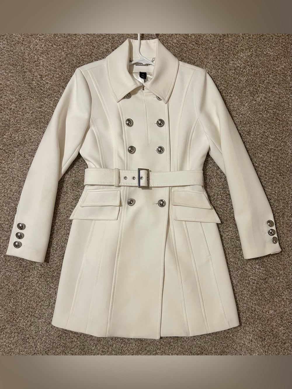 Winter White House Black Market Cream Double-Breasted Belted Trench Coat